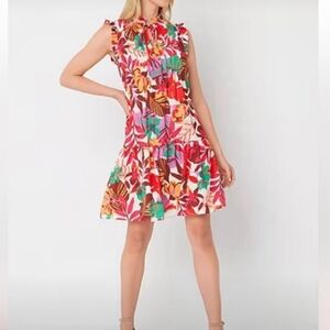 Revolve Maia Colorful Tropical Floral Dress Size 14 Ruffle Sleeve Tie V- Neck